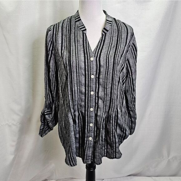 Ruby Rd. Tops - Ruby Rd. Black and Gray Striped Pintuck Popover Top Size Small